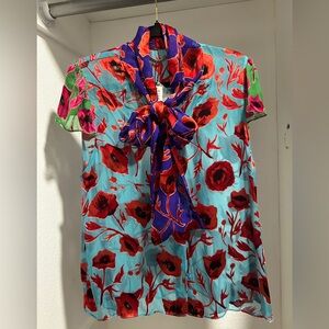 Alice + Olivia floral blue red burnout blouse. XL